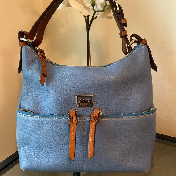 Dooney & Bourke Pebble Leather Sky Blue Shoulder Bag with Brown Accents - Picture 1 of 15